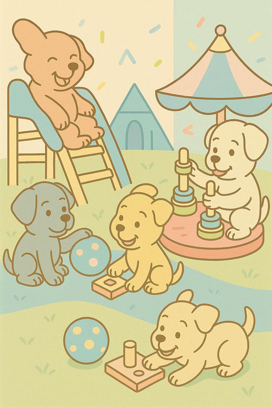 Illustration de cinq chiots jouant avec des jouets dans un parc, devant une niche.