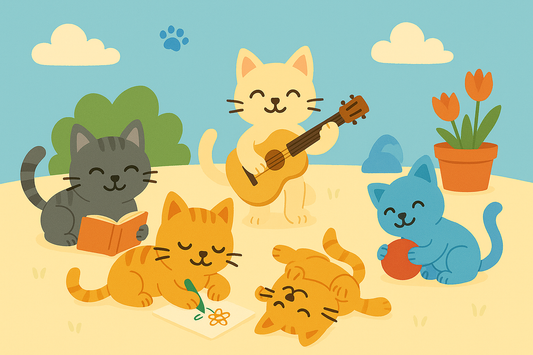 Illustration de cinq chatons jouant avec des jouets dans un parc