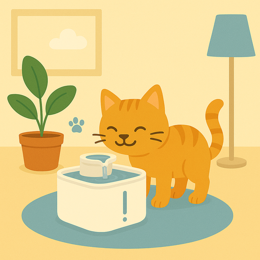 Chat roux heureux buvant dans une fontaine à eau moderne, placée sur un tapis dans un intérieur cosy, illustrant une hydratation optimale à domicile.
