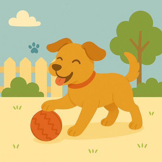 Chien heureux jouant avec une balle en caoutchouc dans un jardin, illustrant l’importance des jouets interactifs pour l’exercice et la stimulation des chiens.