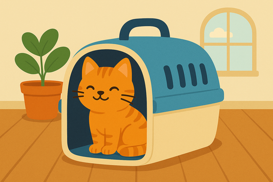 Chat roux assis confortablement dans une caisse de transport rigide bleue et beige, posée dans un salon chaleureux avec plante verte et fenêtre en arrière-plan.