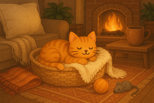 Chat roux endormi dans un panier en osier avec couverture douce, allongé près d'une cheminée dans un salon chaleureux, ambiance cocooning et hivernale.