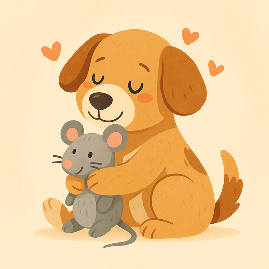 Un chien au pelage doré, assis et souriant les yeux fermés, serre tendrement une peluche en forme de souris grise. Des cœurs flottent autour d’eux, évoquant une scène douce et affectueuse sur fond beige.