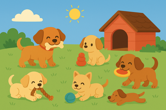 illustration de chiens et chiot jouant ensemble avec différents jouets dans une prairie