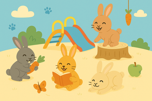 Illustration de cinq lapins jouant dans un parc avec une carotte, un livre, une balançoire et une pomme, dans un style mignon et coloré.