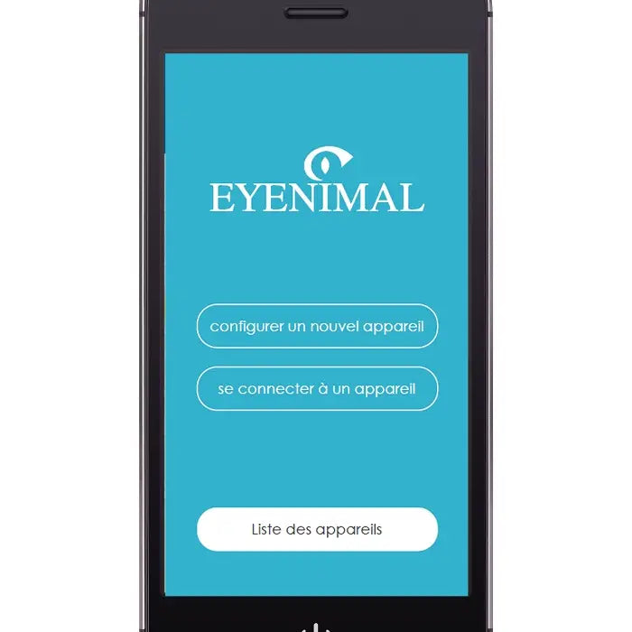 Écran de l’application EYENIMAL, permettant la configuration et la connexion des appareils intelligents pour chiens et chats.