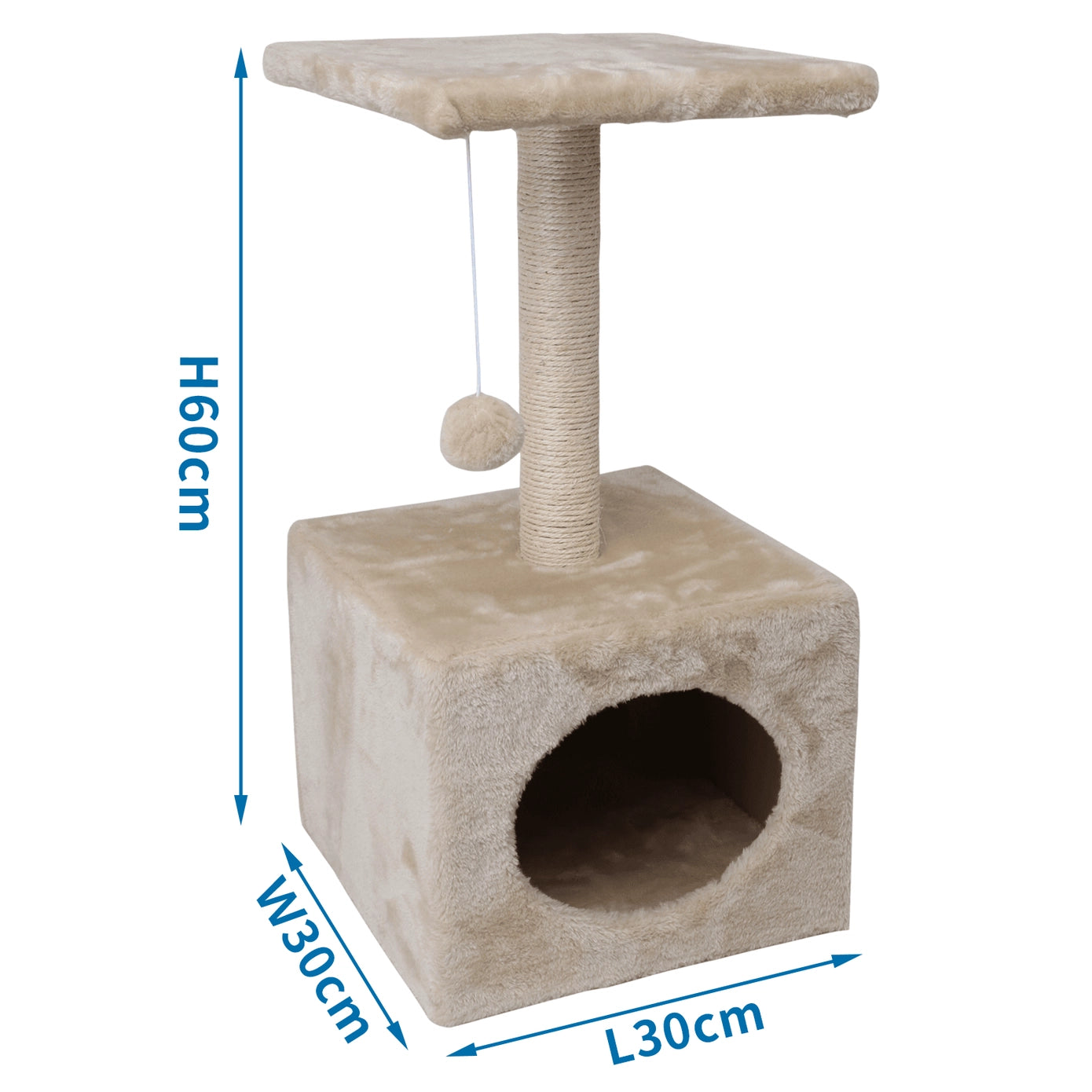Arbre à chat beige 60x30x30cm avec niche intégrée, poteau griffoir sisal et jouet suspendu, parfait pour studio et appartement