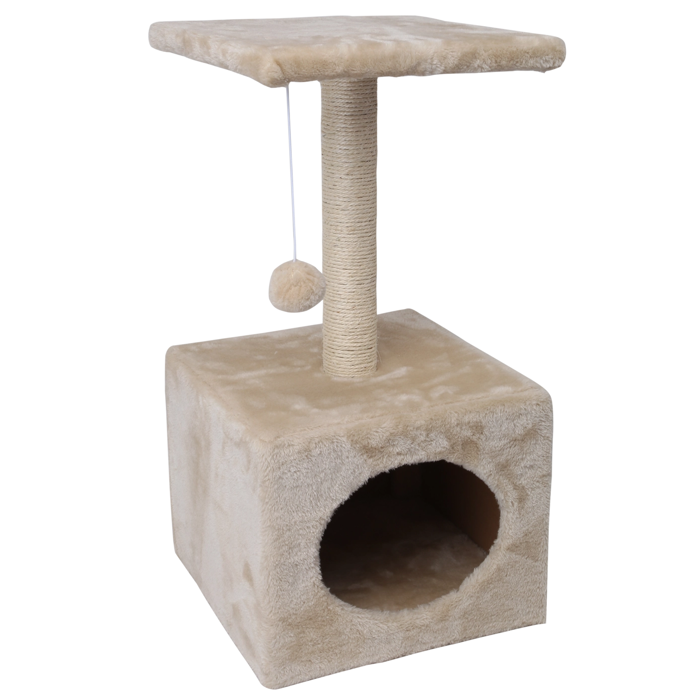 Mini arbre à chat beige avec niche douillette, poteau griffoir sisal et balle suspendue pour chats d'appartement