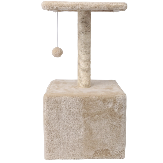 arbre à chat compact pour chat design cube beige avec poteau sisal, perchoir supérieur et balle suspendue, idéal pour petits espaces
