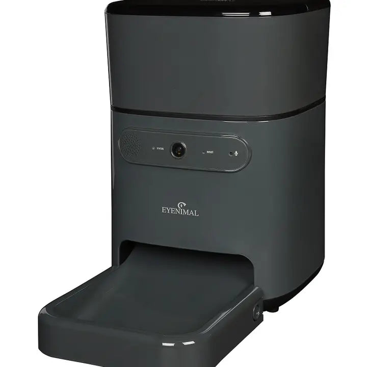 Distributeur automatique de nourriture noir, conçu pour une alimentation régulière et sécurisée des chiens et chats.