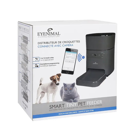 Distributeur automatique de nourriture pour chiens et chats, connecté avec caméra et programmable via une application mobile.