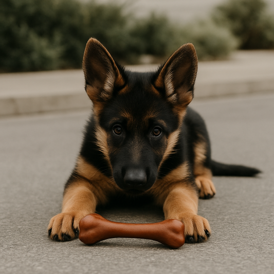 Un chiot berger allemand allongé sur le sol tient un os en résine marron entre ses pattes, montrant comment ce jouet peut stimuler et divertir les chiens