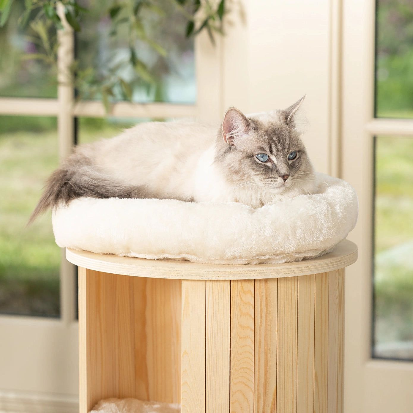 Lit pour chat en tissu moelleux blanc crème, posé sur une plateforme en bois massif, idéal pour la relaxation et l’observation.