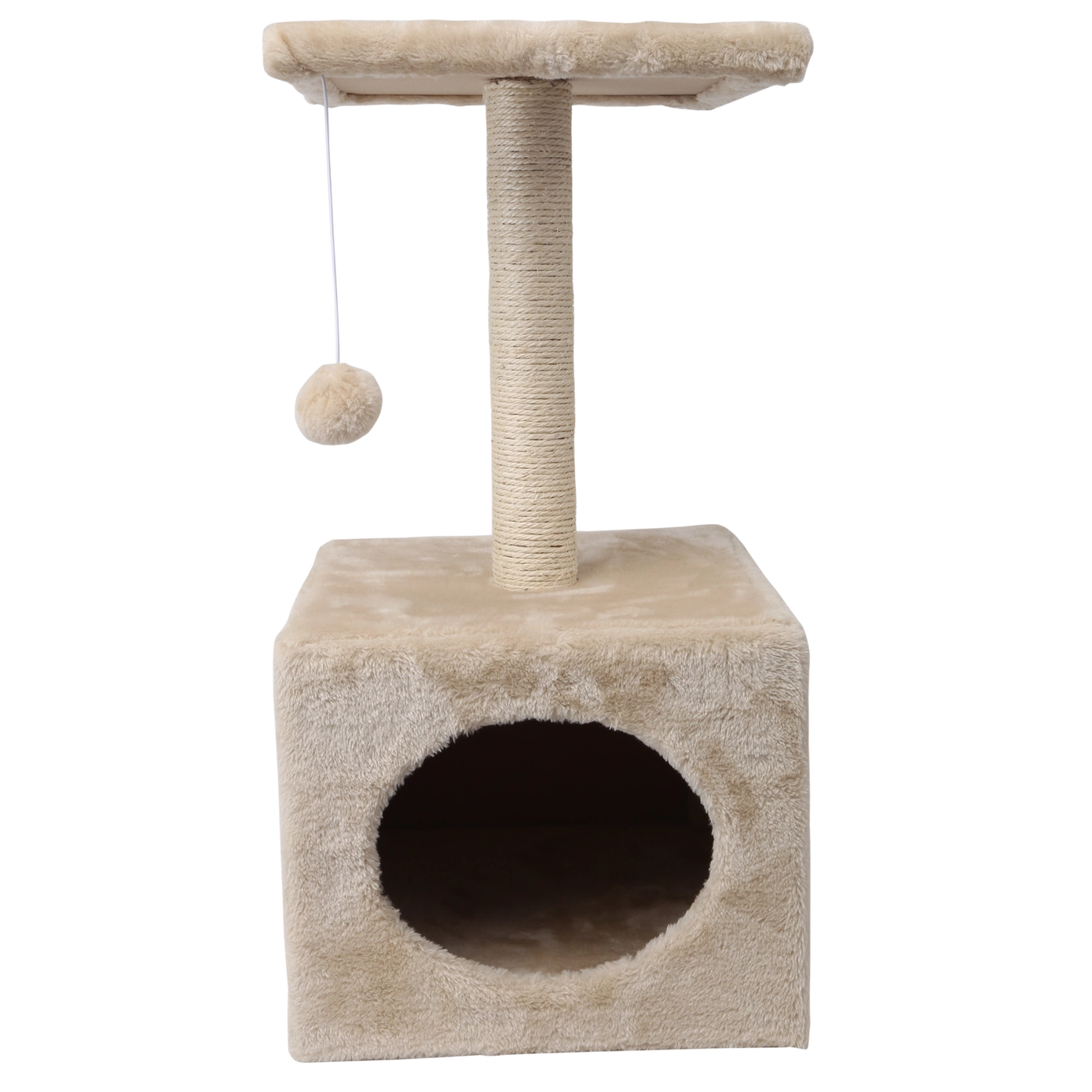 Petit arbre à chat beige multifonction avec niche douillette à entrée ronde, poteau griffoir sisal naturel et balle suspendue pour chats joueurs