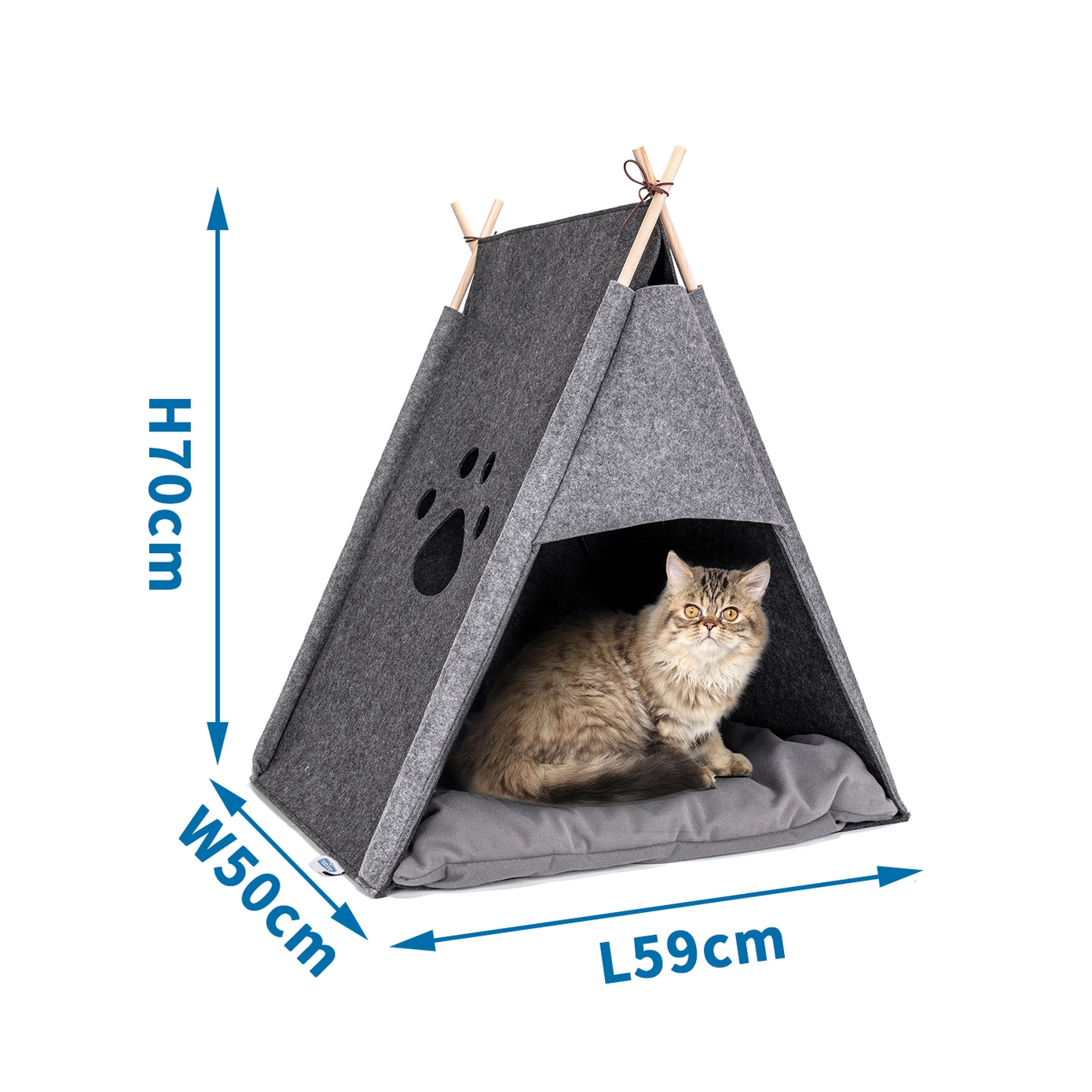Illustration montrant une tente tipi pour chat en tissu gris, avec des dimensions claires : hauteur de 70 cm, largeur de 50 cm et longueur de 59 cm. Idéale pour offrir un espace douillet et sécurisé à votre félin.