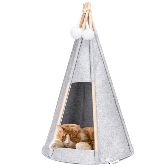 Tente tipi pour chat en tissu gris, dotée de boules blanches au sommet, offrant un espace douillet et sécurisé pour que votre chat puisse se détendre.