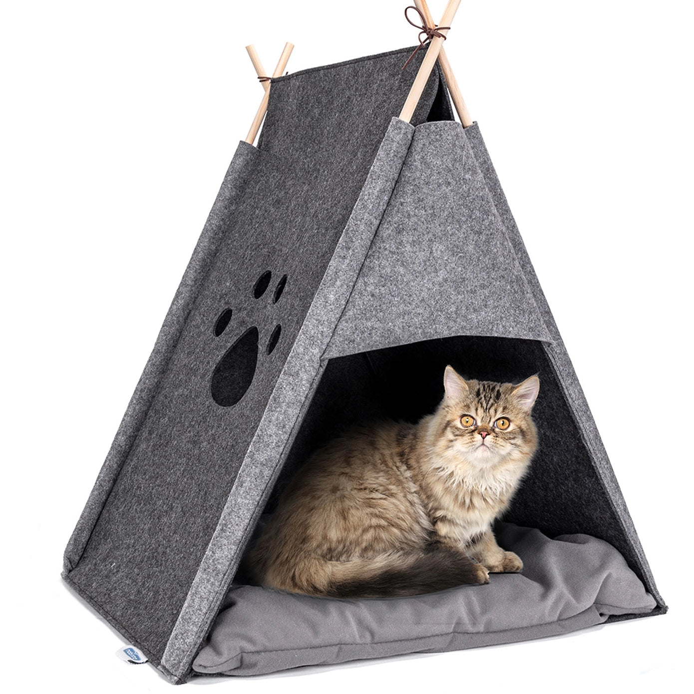 Tente tipi pour chat en tissu gris, dotée d'un design mignon avec patte et œil bleu, offrant un espace douillet et sécurisé pour que votre chat puisse se détendre.