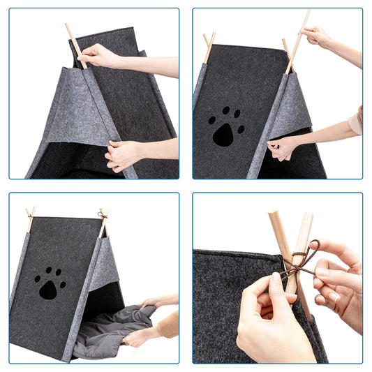 Illustration montrant les étapes de montage de la tente tipi pour chat : fixer les bâtons, positionner la structure, ajouter un coussin et attacher les bâtons avec une corde.