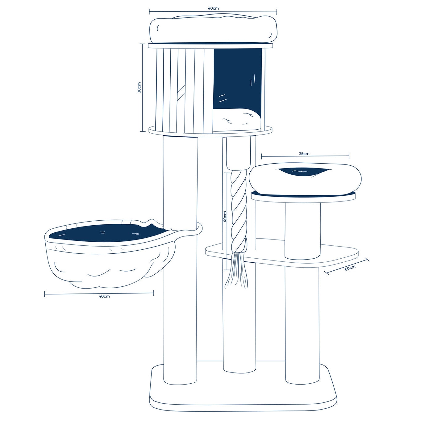 Tour grimpante pour chat avec plateforme circulaire (35 cm), hamac suspendu (40 cm), corde de sisal pour escalade (60 cm) et nid supérieur (30 cm).