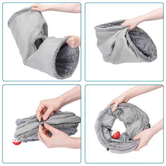 Illustration montrant les étapes de montage du tunnel pour chat : ouvrir le tunnel, révéler l'intérieur douillet, fixer une boule rouge comme accessoire de jeu, et finaliser l'assemblage.