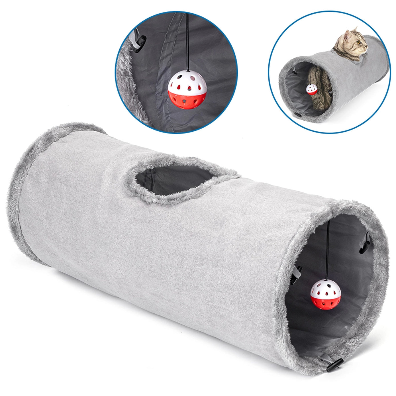 Tunnel pour chat en tissu gris doux, doté d'une boule rouge suspendue à l'intérieur. Des détails agrandis montrent la boule et un chat curieux regardant à travers une ouverture.
