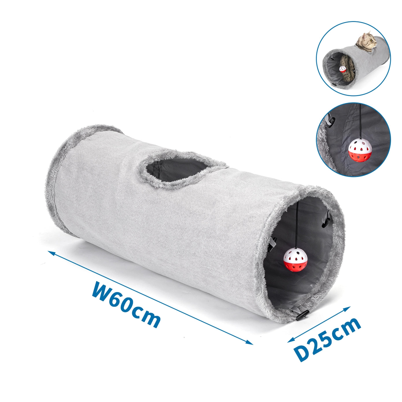 Tunnel pour chat en tissu gris doux, mesurant 60 cm de long et 25 cm de diamètre. Il est doté d'une boule rouge suspendue à l'intérieur, offrant un espace de jeu sécurisé et amusant.