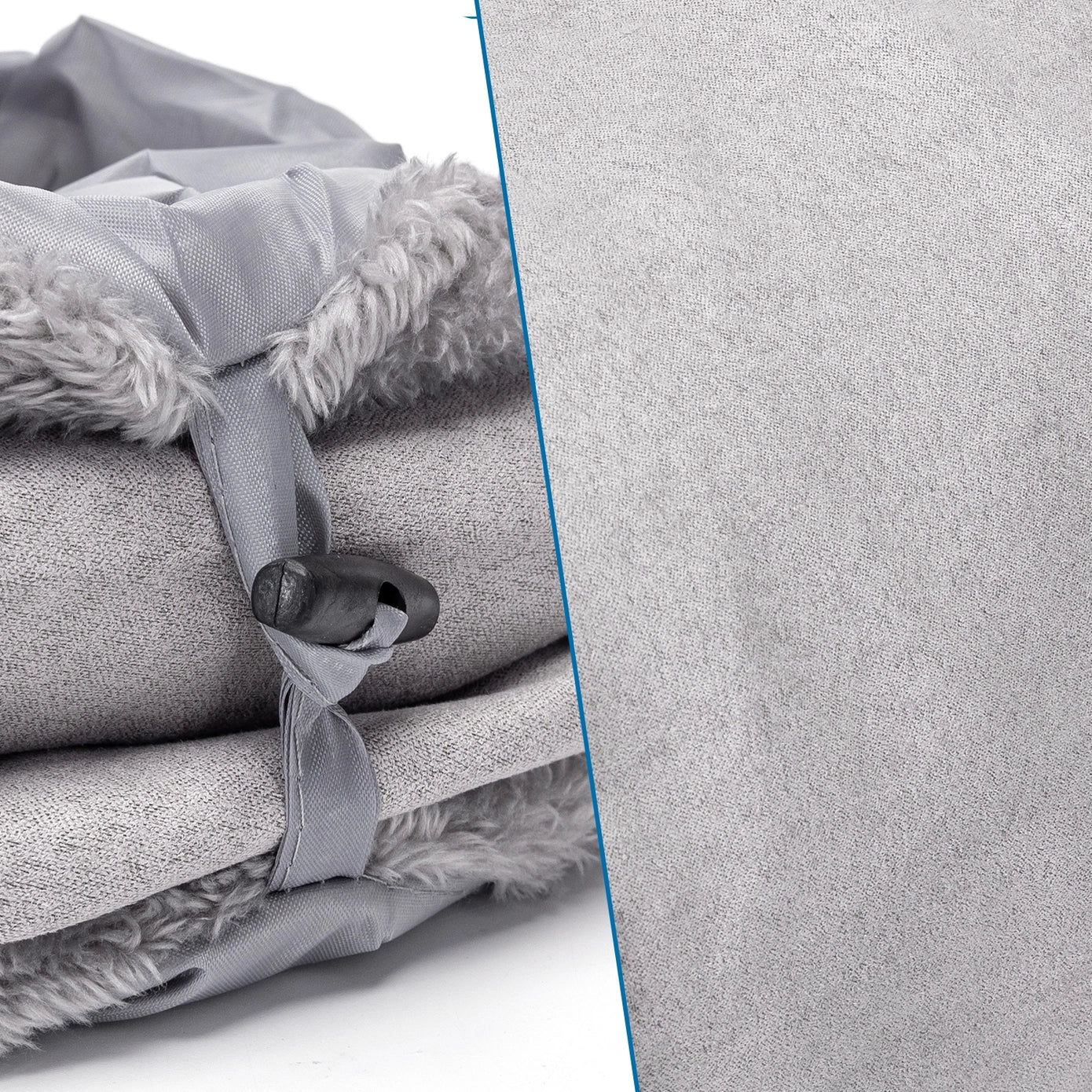 Tunnel pour chat en tissu gris doux, plié et maintenu par une boucle de serrage. Idéal pour un rangement facile et un transport pratique.