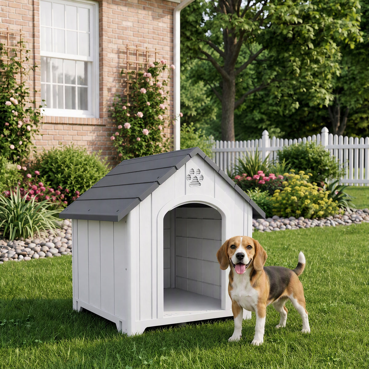 Niche pour chien extérieur, maison chien en polypropylène imperméable ventilé plancher surélevé 76x66x77cm gris clair