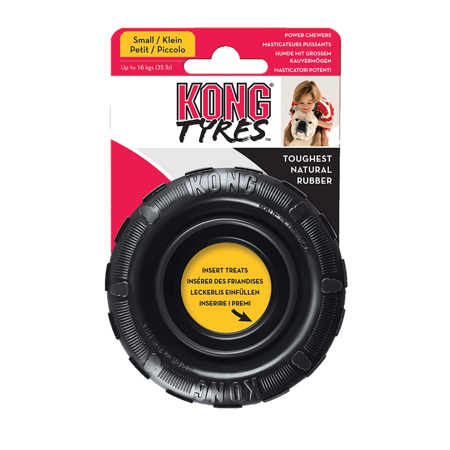 Packaging du jouet KONG Traxx taille S pour chiens, en caoutchouc naturel noir, à remplir de friandises.