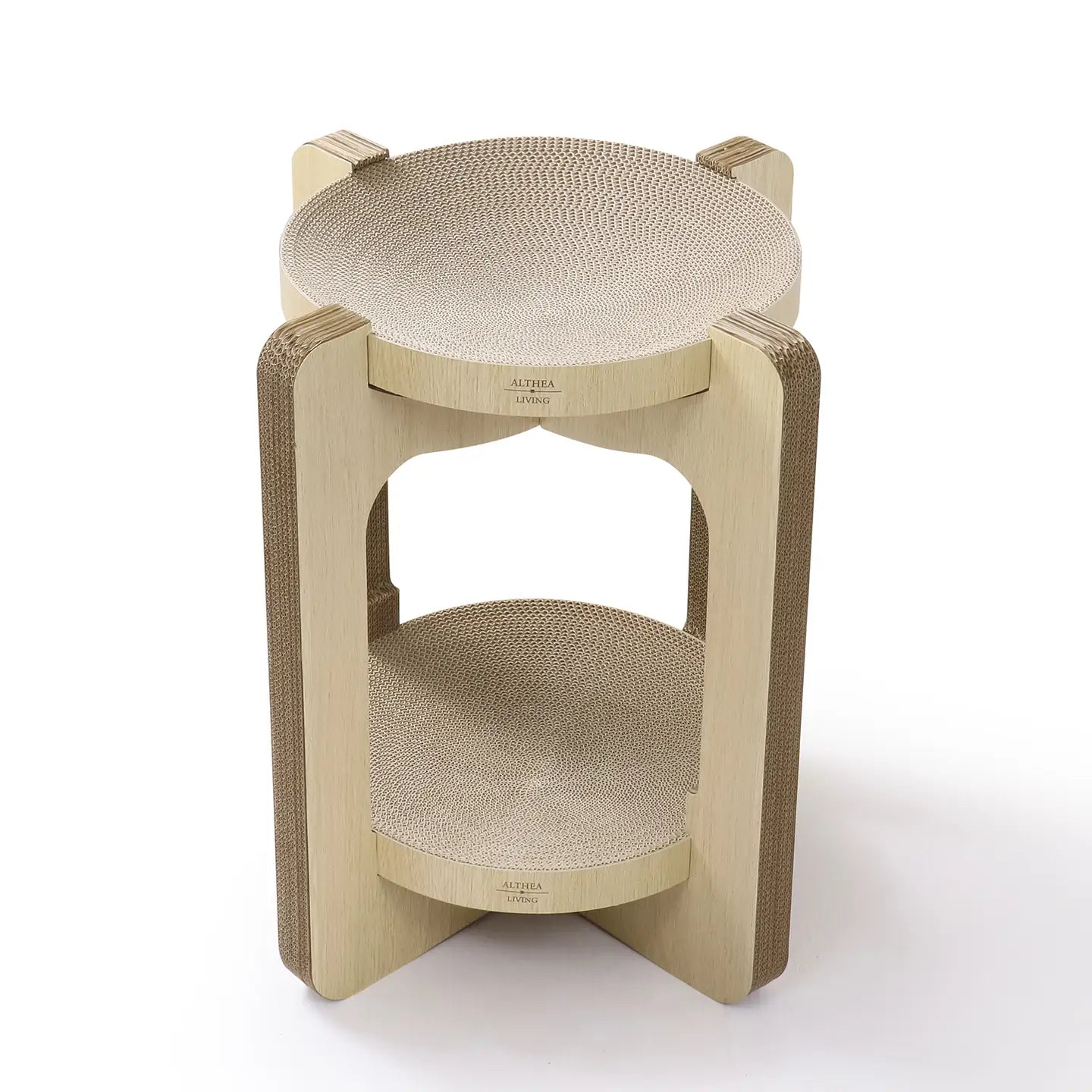 Tour à griffer 2 niveaux pour chats. En carton recyclé, lit intégré, surface d’observation et griffade naturelle. Design moderne, écologique et compact.