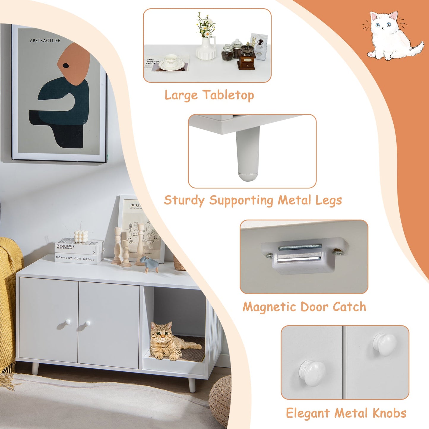 NNECW Cat Litter Box Enclosure with Divider for Large Cat & Kitty White