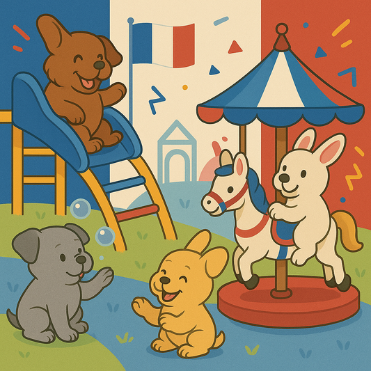 Illustration de quatre chiots de race française jouant avec des jouets dans un parc