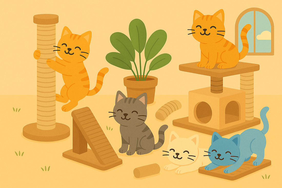 Groupe de chats jouant et se reposant sur un arbre à chat équipé de griffoirs, plateformes et cachettes, dans un intérieur chaleureux.