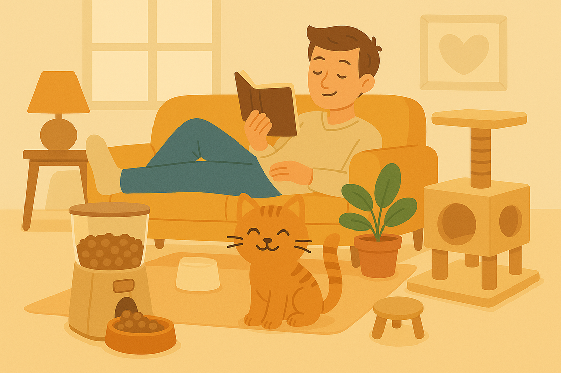 Homme lisant paisiblement dans son salon aux côtés de son chat, avec un distributeur de croquettes automatique, un arbre à chat et des accessoires pour félins.