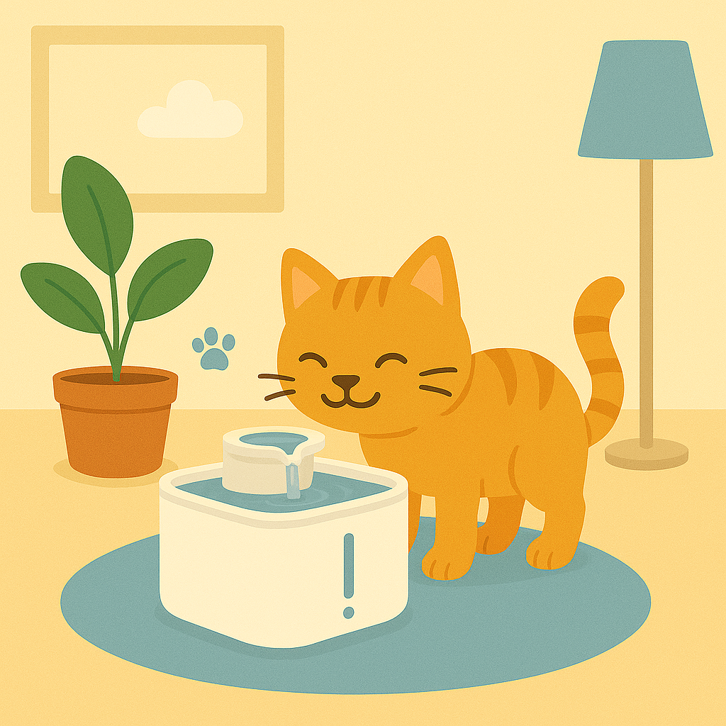 Chat roux heureux buvant dans une fontaine à eau moderne, placée sur un tapis dans un intérieur cosy, illustrant une hydratation optimale à domicile.