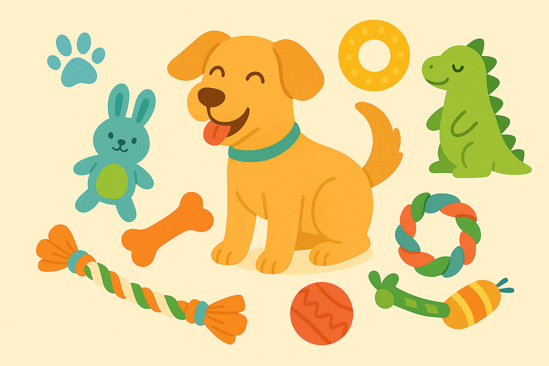 Chien assis entouré de jouets colorés : peluches, balles, cordes et anneaux, illustrant une large sélection de jouets pour chien adaptés à tous les profils.