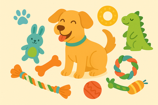 Chien assis entouré de jouets colorés : peluches, balles, cordes et anneaux, illustrant une large sélection de jouets pour chien adaptés à tous les profils.