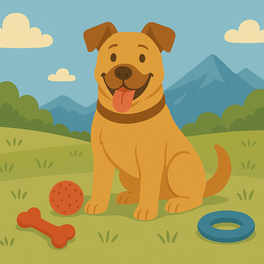 Chien assis dans un champ avec des jouets résistants autour de lui : balle, os en caoutchouc et anneau, sur fond de montagne et ciel bleu.