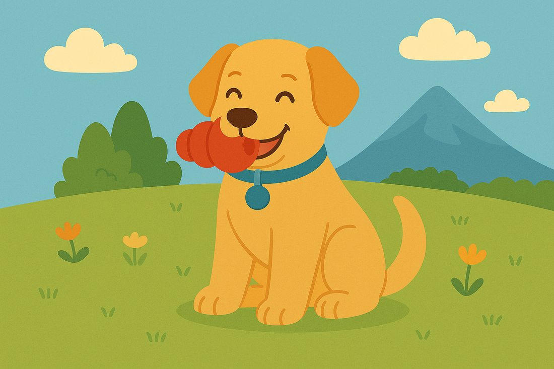 Chien joyeux tenant un jouet Kong rouge dans la gueule, assis dans un champ en plein air avec des fleurs et des montagnes en arrière-plan.