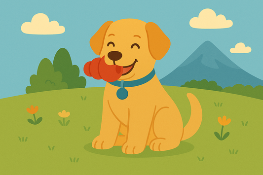 Chien joyeux tenant un jouet Kong rouge dans la gueule, assis dans un champ en plein air avec des fleurs et des montagnes en arrière-plan.