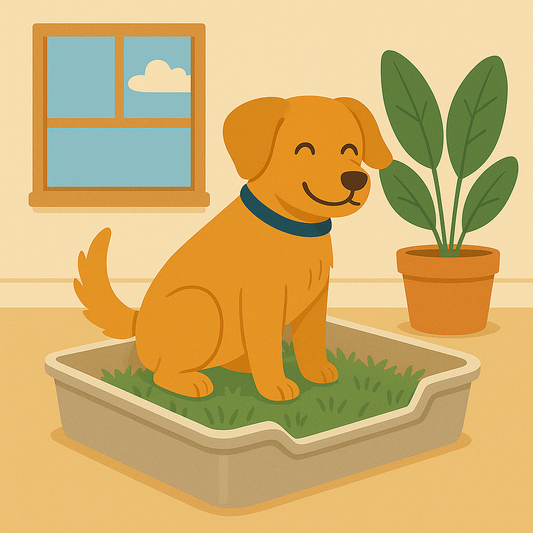 Chien assis dans un bac à litière avec gazon synthétique, illustrant l’apprentissage de la propreté en intérieur pour chien ou chiot.