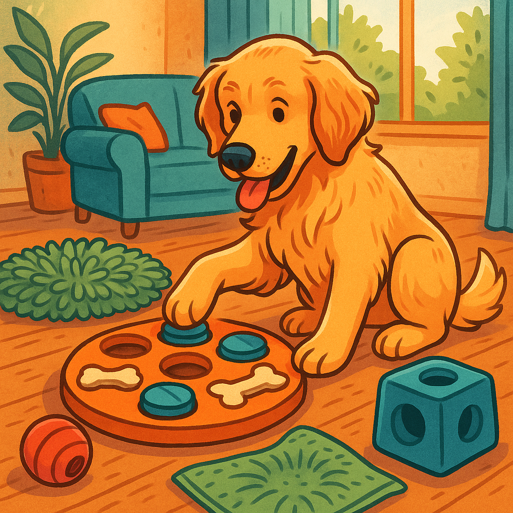 Chien joueur utilisant un jouet d’intelligence pour chercher des friandises dans un salon, entouré de tapis de fouille et d’accessoires de stimulation mentale.