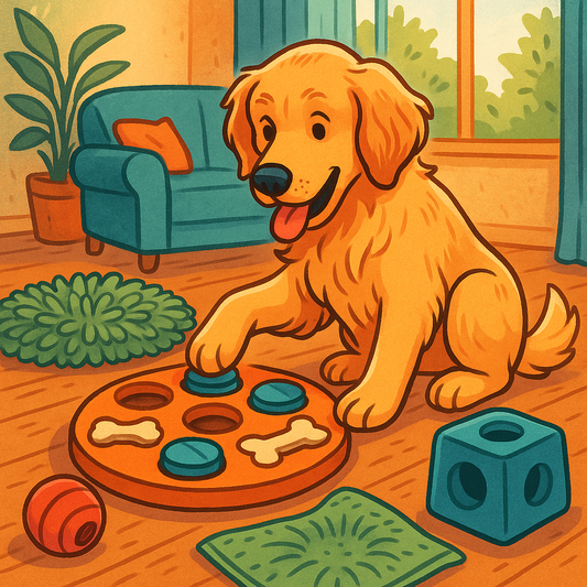 Chien joueur utilisant un jouet d’intelligence pour chercher des friandises dans un salon, entouré de tapis de fouille et d’accessoires de stimulation mentale.