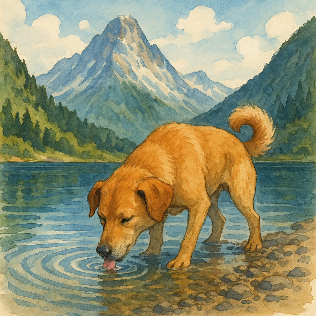 Chien s’hydratant au bord d’un lac, illustrant le besoin naturel d’eau fraîche et pure, comme celle fournie par une fontaine à eau automatique pour chien.