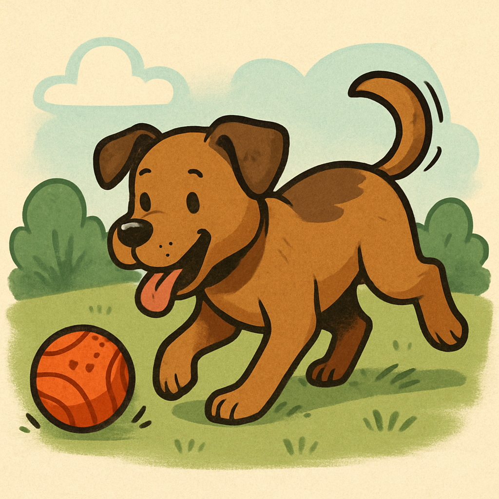 Illustration d’un chien marron joyeux courant après une balle orange dans un champ ensoleillé, avec des buissons verts et des nuages doux en arrière-plan, dans un style cartoon chaleureux et expressif.