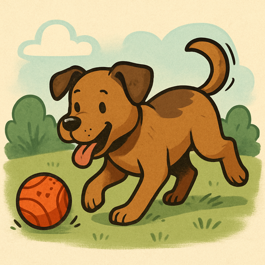 Illustration d’un chien marron joyeux courant après une balle orange dans un champ ensoleillé, avec des buissons verts et des nuages doux en arrière-plan, dans un style cartoon chaleureux et expressif.