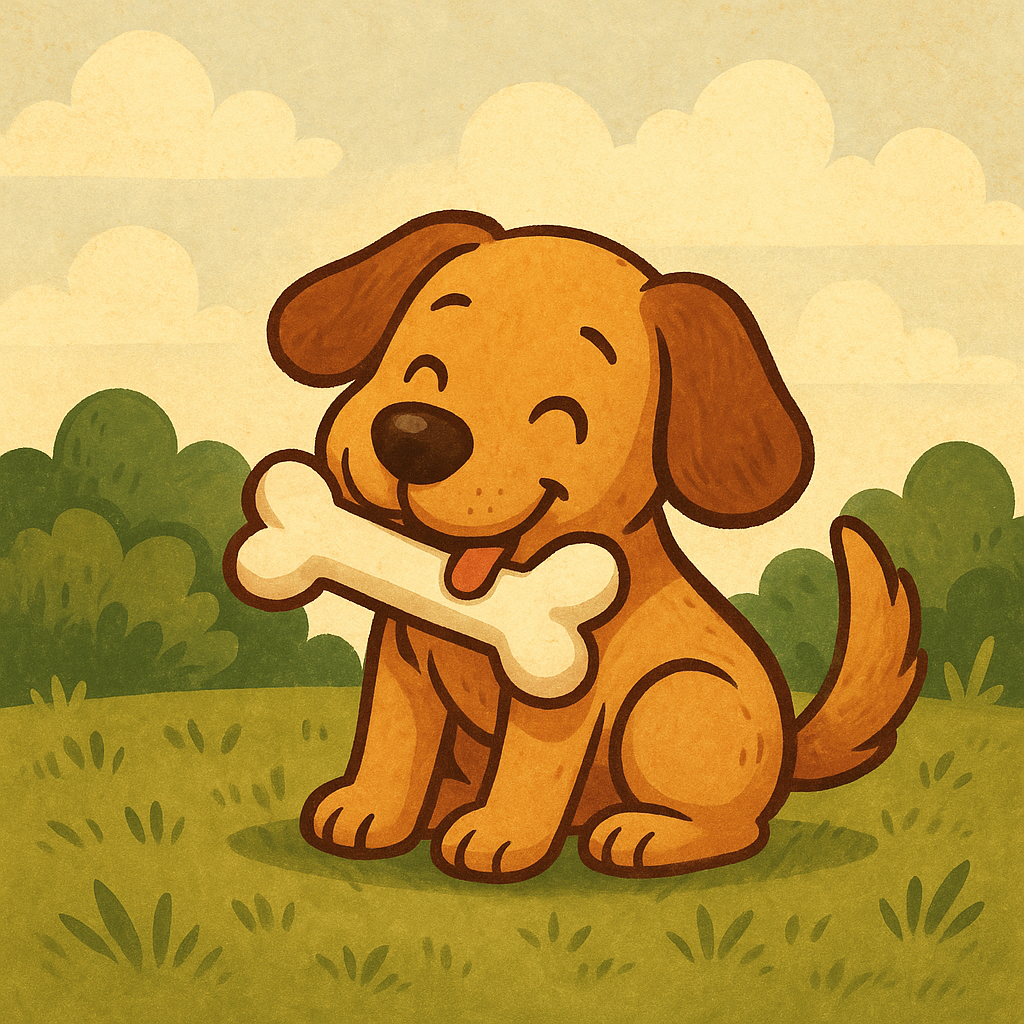 Illustration d’un chien joyeux de couleur dorée assis dans un champ verdoyant, tenant un gros os blanc dans sa gueule.