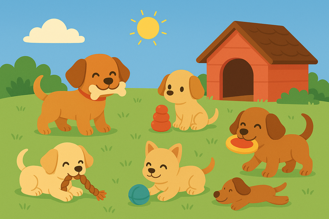 illustration de chiens et chiot jouant ensemble avec différents jouets dans une prairie 