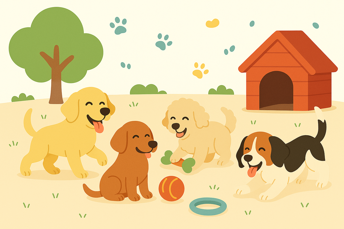 Illustration de quatre chiots jouant avec des jouets dans un parc, devant une niche.