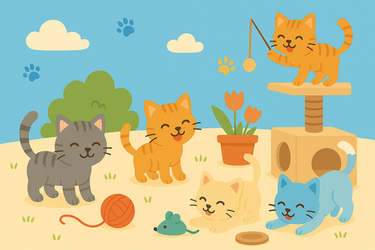 Illustration de quatre chatons jouant avec des jouets dans un jardin.